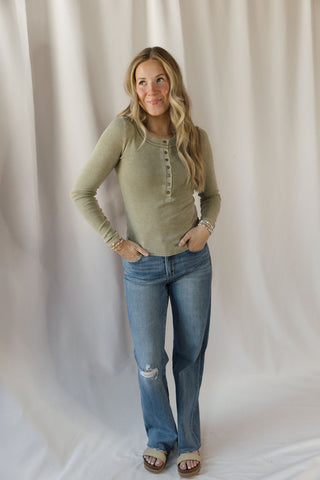 Jenny Ribbed Henley Knit Top, Lt Olive - The Red Thread Boutique