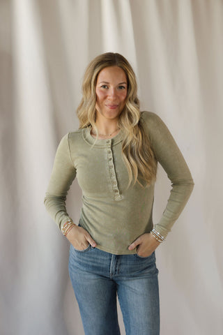 Jenny Ribbed Henley Knit Top, Lt Olive - The Red Thread Boutique
