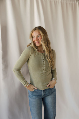Jenny Ribbed Henley Knit Top, Lt Olive - The Red Thread Boutique