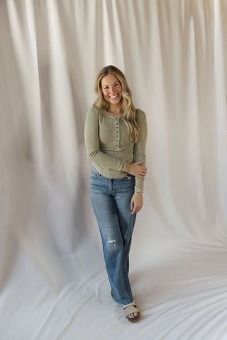 Jenny Ribbed Henley Knit Top, Lt Olive - The Red Thread Boutique