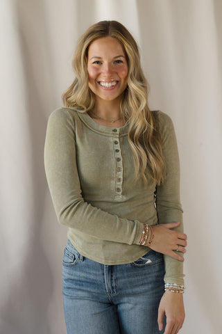 Jenny Ribbed Henley Knit Top, Lt Olive - The Red Thread Boutique
