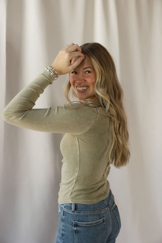 Jenny Ribbed Henley Knit Top, Lt Olive - The Red Thread Boutique