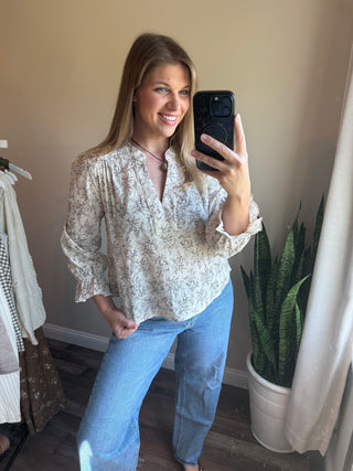 Danielle Floral Linen Top, Natural - The Red Thread Boutique