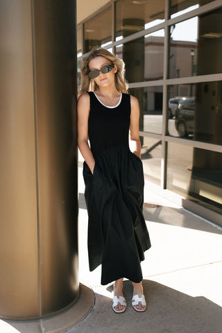 Ribbed Woven Skirt Combo Dress, Black