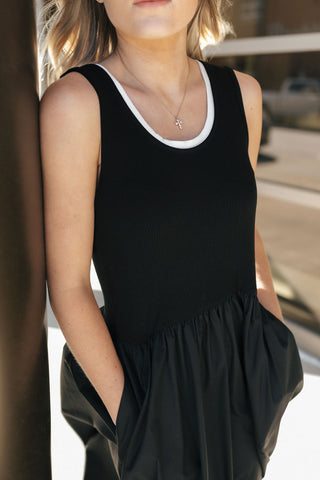 Ribbed Woven Skirt Combo Dress, Black