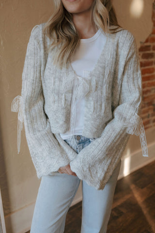 Lace Tie Front Cardigan, Gray *final sale
