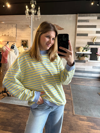 Stella Stripe Mock Neck, Blue/Lemon - The Red Thread Boutique