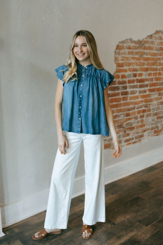 Ruffle Sleeve Chambray Top