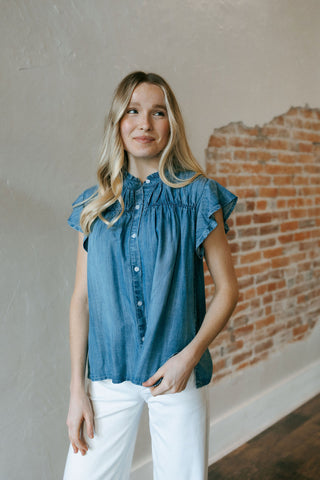Ruffle Sleeve Chambray Top