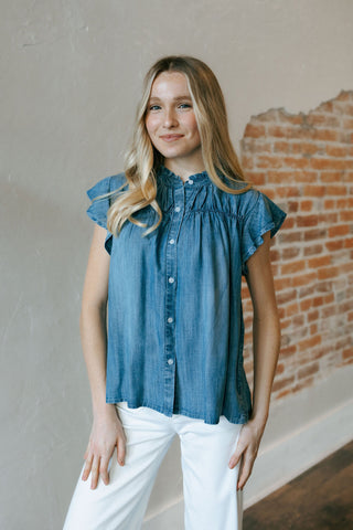 Ruffle Sleeve Chambray Top