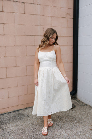 Cream Floral Lace Midi Dress