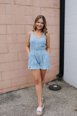 Ruffle Hem Denim Romper