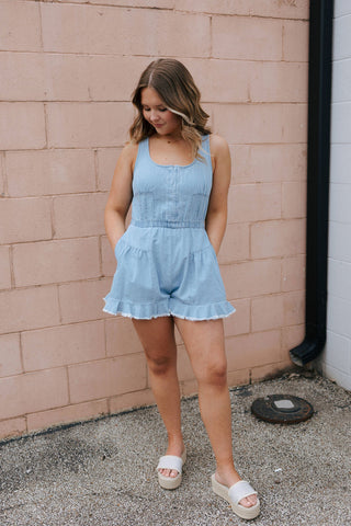 Ruffle Hem Denim Romper