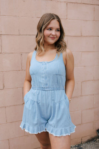 Ruffle Hem Denim Romper