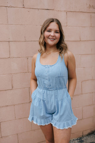 Ruffle Hem Denim Romper