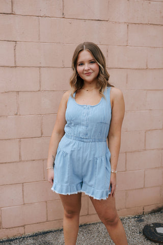 Ruffle Hem Denim Romper