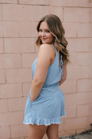 Ruffle Hem Denim Romper