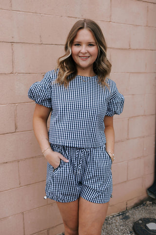 Gingham Puff Sleeve Top, Navy