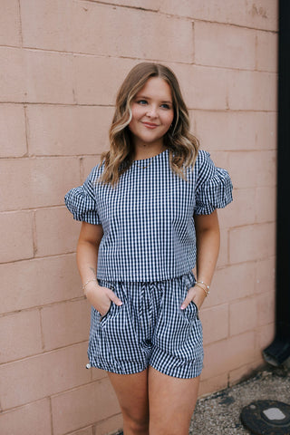 Gingham Puff Sleeve Top, Navy