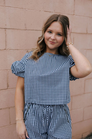 Gingham Puff Sleeve Top, Navy