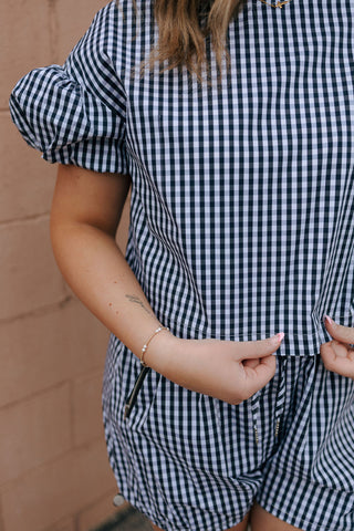 Gingham Puff Sleeve Top, Navy