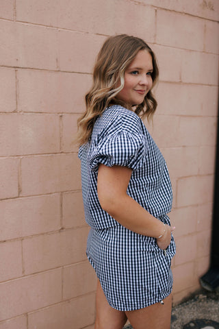 Gingham Puff Sleeve Top, Navy
