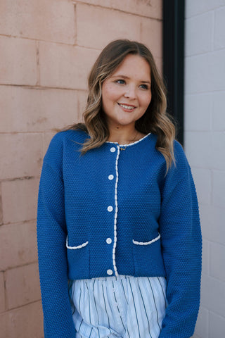 Contrast Trim Cardigan, Blue
