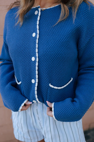 Contrast Trim Cardigan, Blue