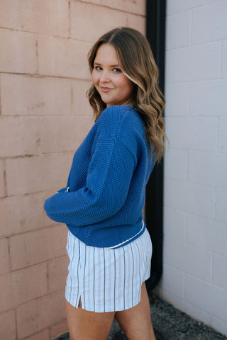 Contrast Trim Cardigan, Blue