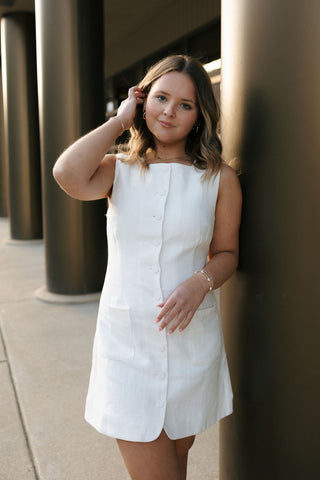Linen Button Mini Dress, Off White