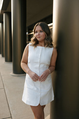 Linen Button Mini Dress, Off White
