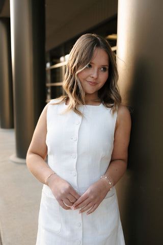 Linen Button Mini Dress, Off White