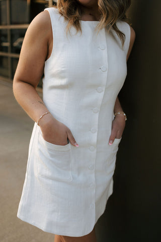 Linen Button Mini Dress, Off White