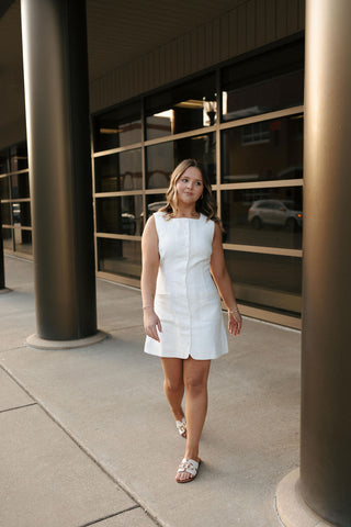 Linen Button Mini Dress, Off White