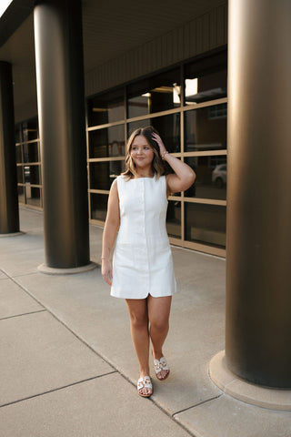 Linen Button Mini Dress, Off White
