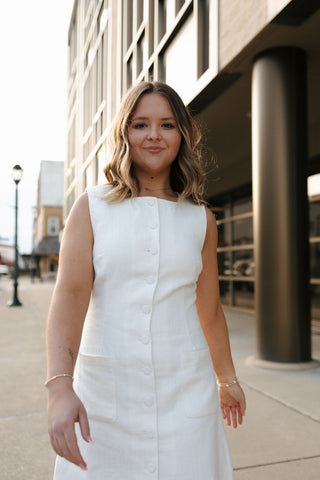 Linen Button Mini Dress, Off White