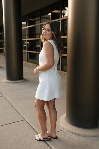 Linen Button Mini Dress, Off White