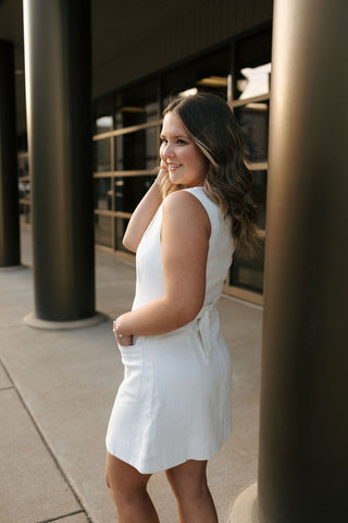 Linen Button Mini Dress, Off White