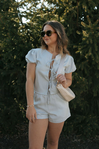 Gingham Tie Front Set, Blue