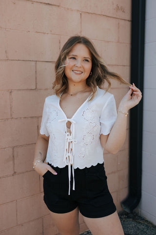 Eyelet Tie Front Top, White