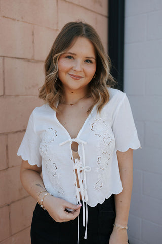 Eyelet Tie Front Top, White
