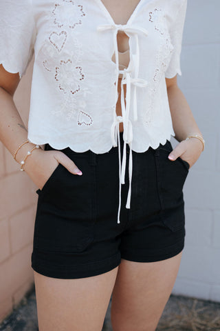 Eyelet Tie Front Top, White