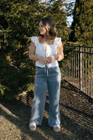 Embroidered Tie Front Eyelet Vest