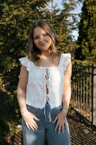 Embroidered Tie Front Eyelet Vest