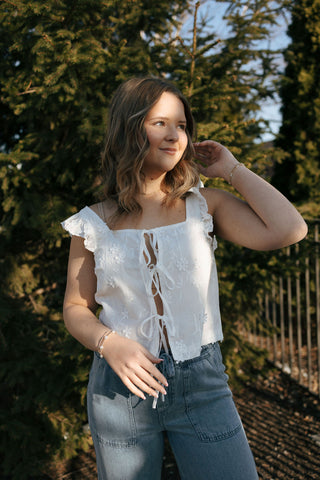 Embroidered Tie Front Eyelet Vest