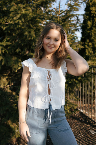 Embroidered Tie Front Eyelet Vest