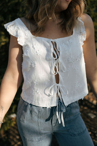 Embroidered Tie Front Eyelet Vest