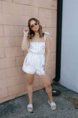 Embroidered Tie Stripe Romper