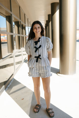 Stripe Ruffle Bow Top, Black