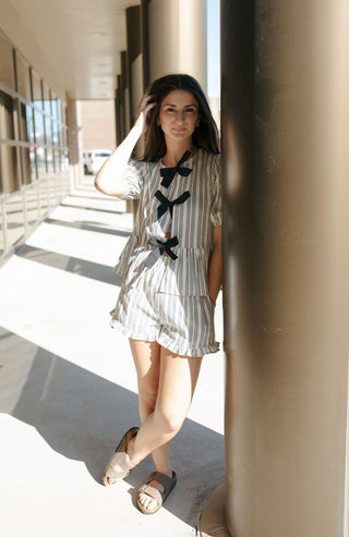 Stripe Ruffle Bow Top, Black